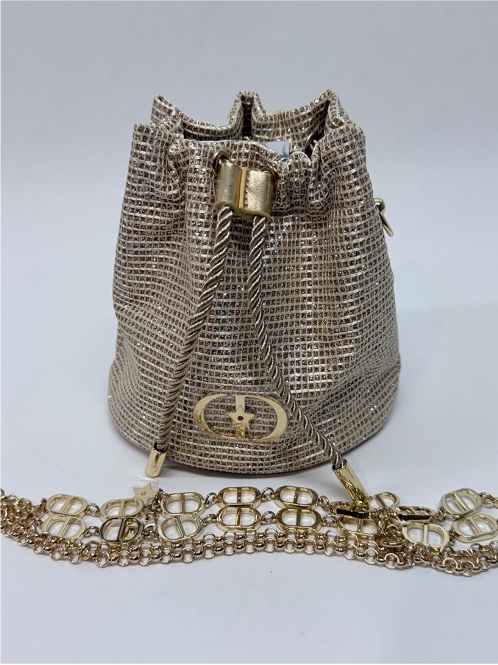 Christian Dior VIP gift-with-purchase gold mesh drawstring pouch / bucket bag